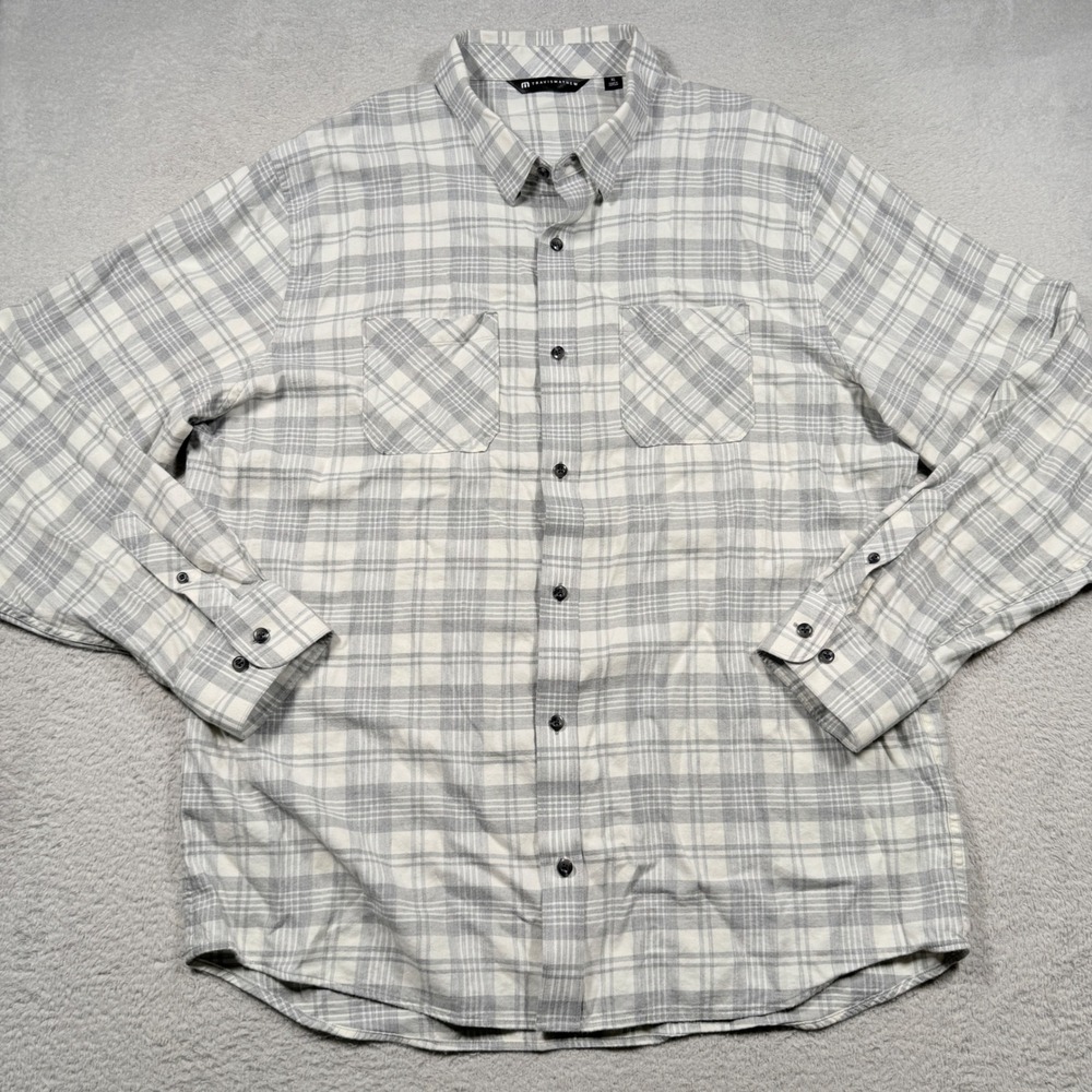 Travis Mathew Button Up XL Grey White Cloud Plaid Flannel‎ Shirt Cotton Rayon